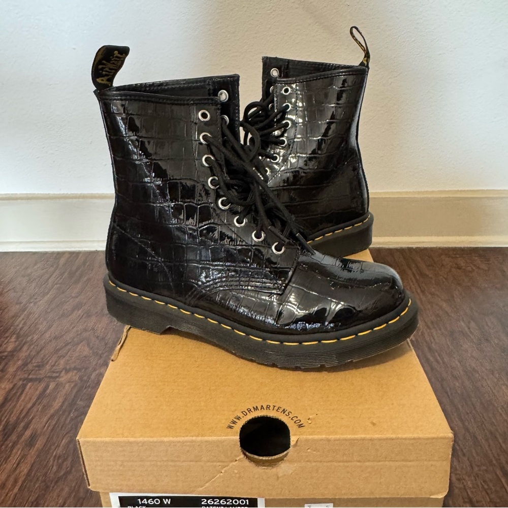 Dr Martens Black Boots Patent Leather Croc Emboss